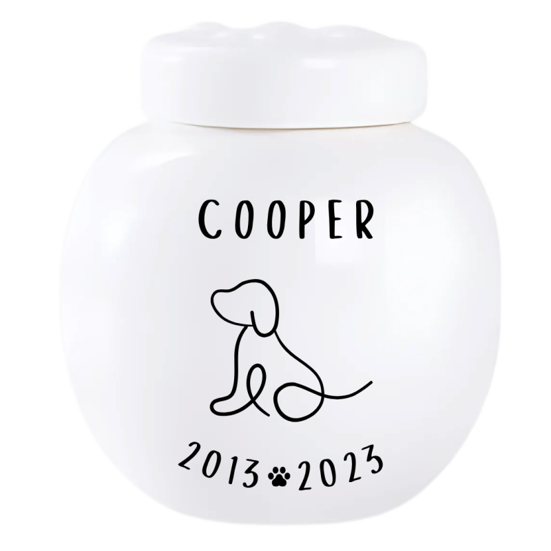 Custom Ceramic Dog Urn – Personalised Pet Cremation Urn for Ashes with Name, Dates & Minimalist Dog Illustration
