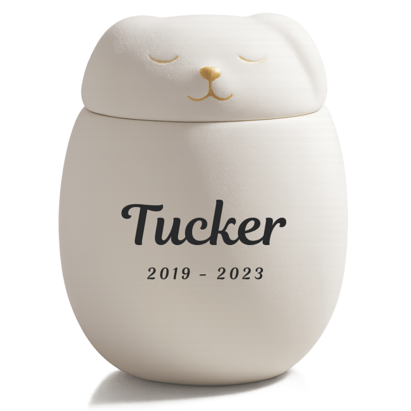 Personalised Ceramic Dog Urn with Sleeping Pet Lid – Pet Cremation Urn for Ashes with Name & Dates