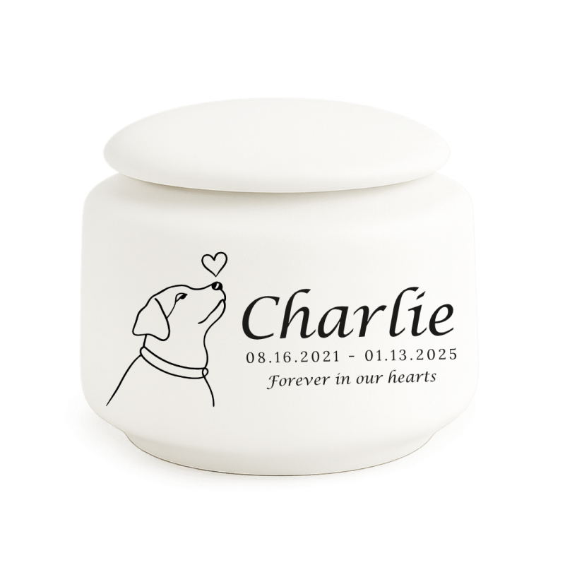 Personalised Ceramic Dog Urn – Pet Cremation Urn for Ashes with Name, Dates, Minimalist Dog Illustration & Tribute