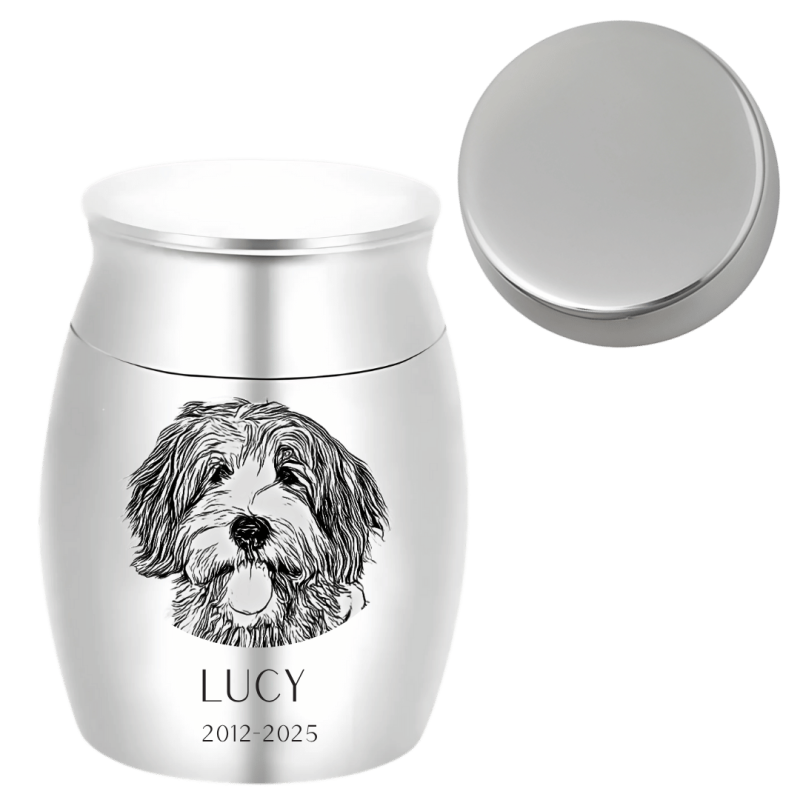 Personalised Dog Urn with Engraved Photo Drawing – Mini Keepsake Urn with Name & Dates