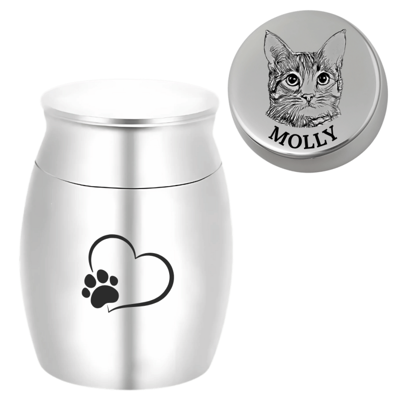 Personalised Dog Urn with Engraved Photo Drawing on the lid – Mini Keepsake Urn with Name