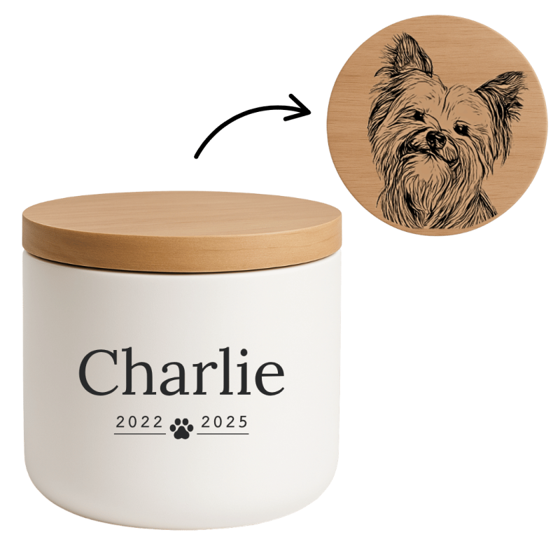 Personalised Ceramic Dog Urn with Engraved Photo Drawing on the lid – Pet Cremation Urn for Ashes with Name & Dates