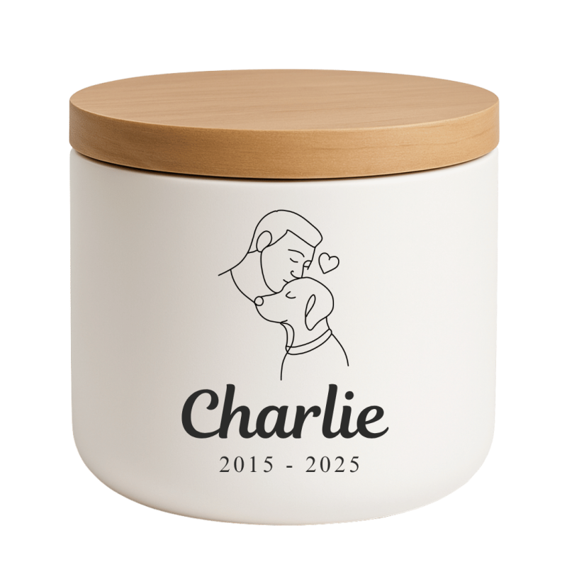 Personalised Ceramic Dog Urn with Man & Dog Illustration –  Pet Cremation Urn for Ashes with Name & Dates