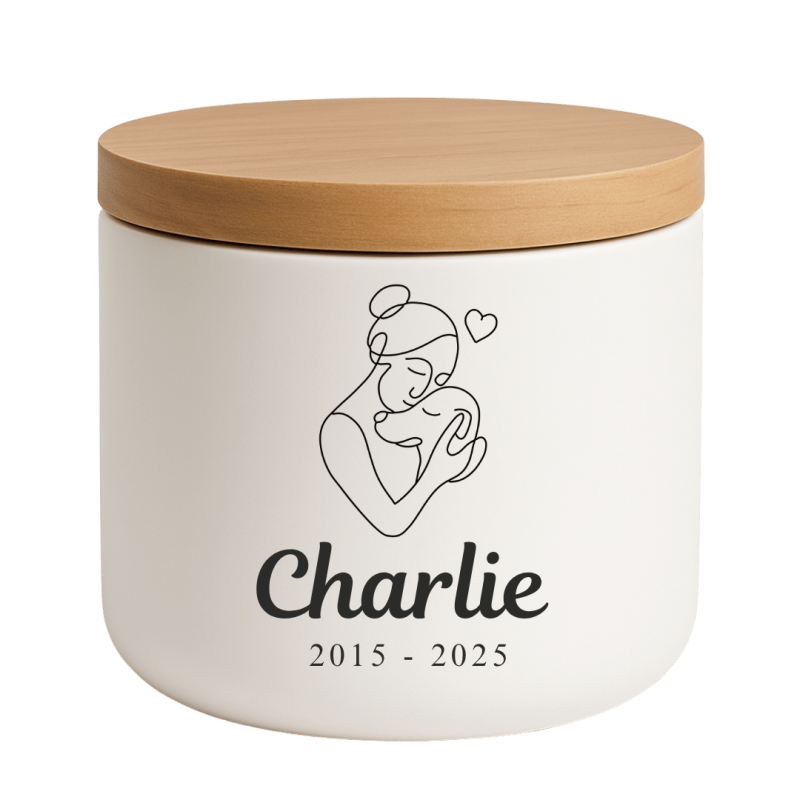 Personalised Ceramic Dog Urn with Woman & Dog Illustration –  Pet Cremation Urn for Ashes with Name & Dates