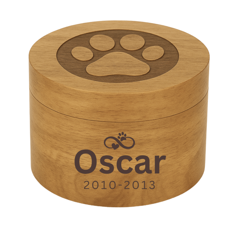 Personalised Wooden Dog Urn with Infinity Paw Heart – Engraved Pet Memorial Urn with Name & Dates