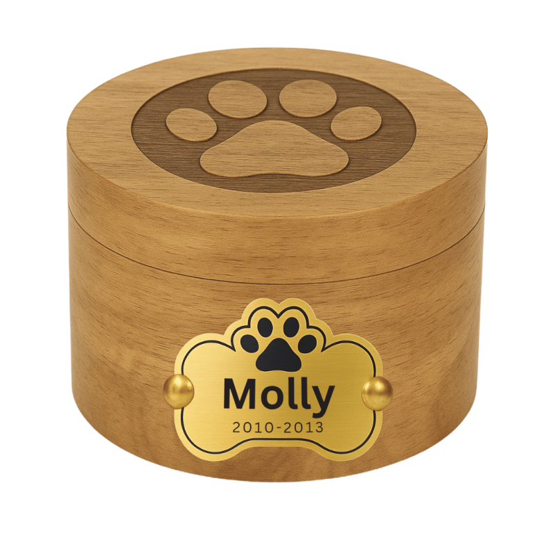 Personalised Wooden Dog Urn with Aluminium Plate  – Pet  Memorial Urn with Engraved Name & Dates