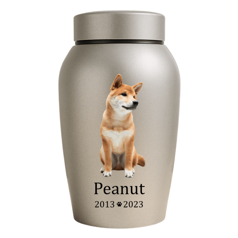 Personalised Dog Urn with Full Pet Portrait – Engraved Stainless Steel Memorial Urn with Name & Dates