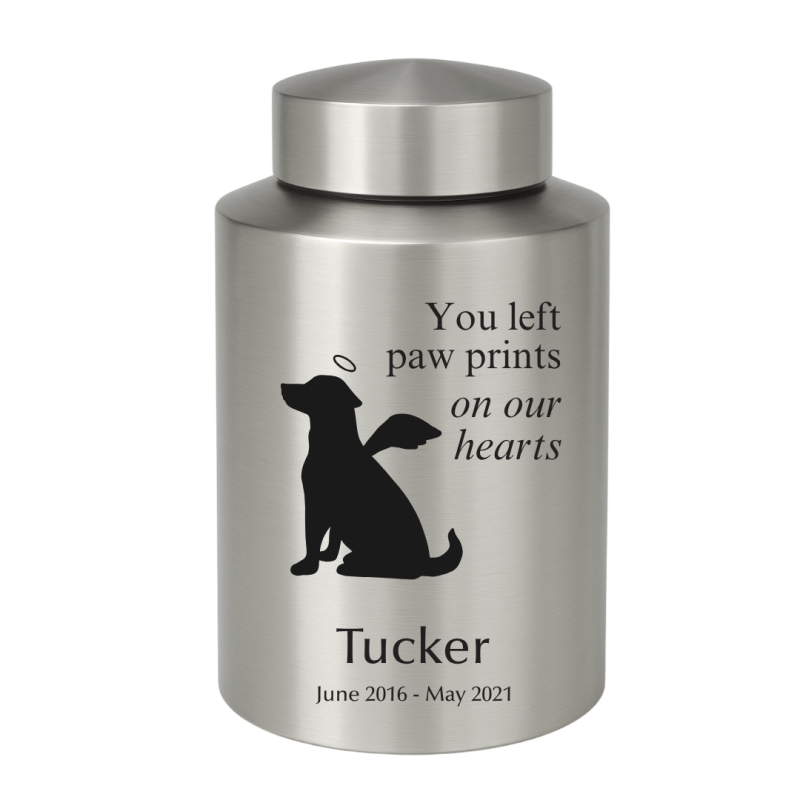 Personalised Dog Urn with Angel Pup Design – Engraved Stainless Steel Memorial Urn  with Name, Dates & Special Tribute
