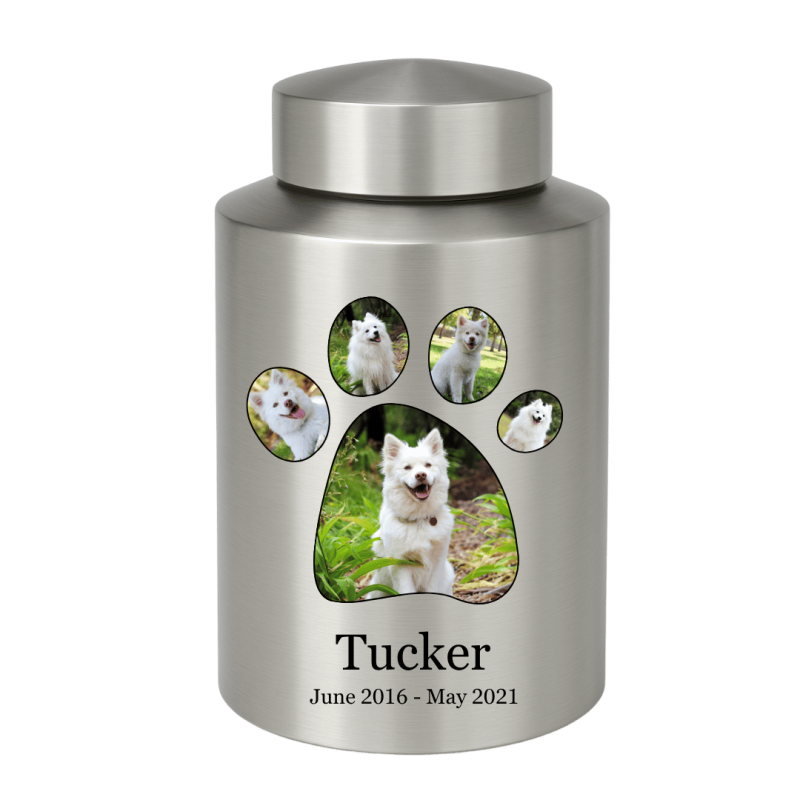 Personalised Dog Urn with Photos in a Paw-shaped Frame – Engraved Cylinder Stainless Steel Memorial Urn  with Name & Dates