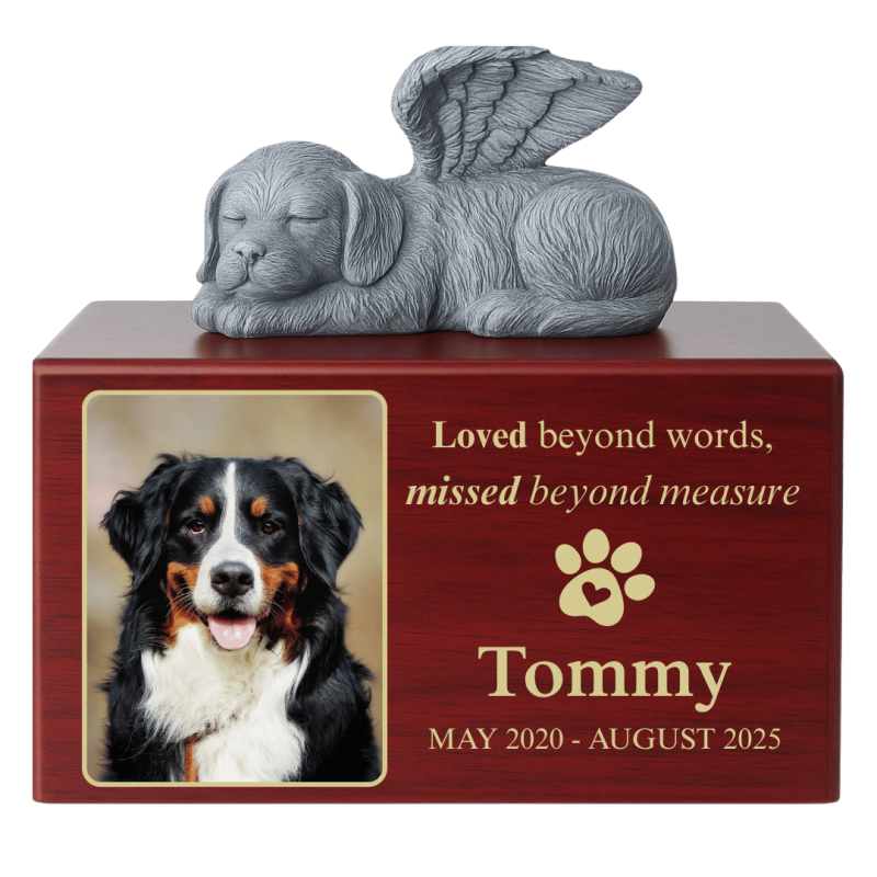 Personalised Wooden Dog Urn Box with Angel Dog Statue –  Pet Cremation Urn for Ashes with Photo, Name, Dates & Tribute