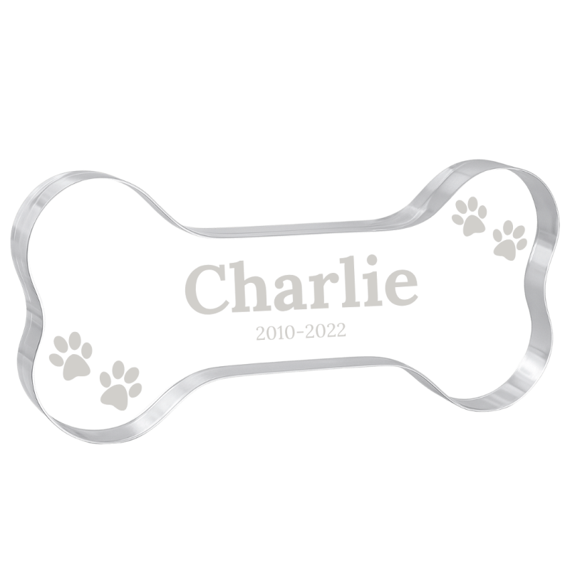 Personalised Dog Memorial Gift - Bone-Shaped Engraved Pet Memorial Acrylic Plaque with Name, Dates & Mini Paw Prints Design