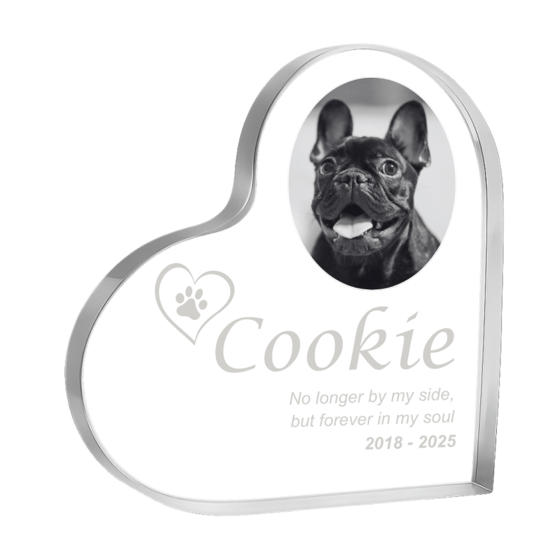Personalised Dog Memorial Photo Gift –  Heart-Shaped Pet Memorial Acrylic Plaque with Engraved Name, Dates & Tribute