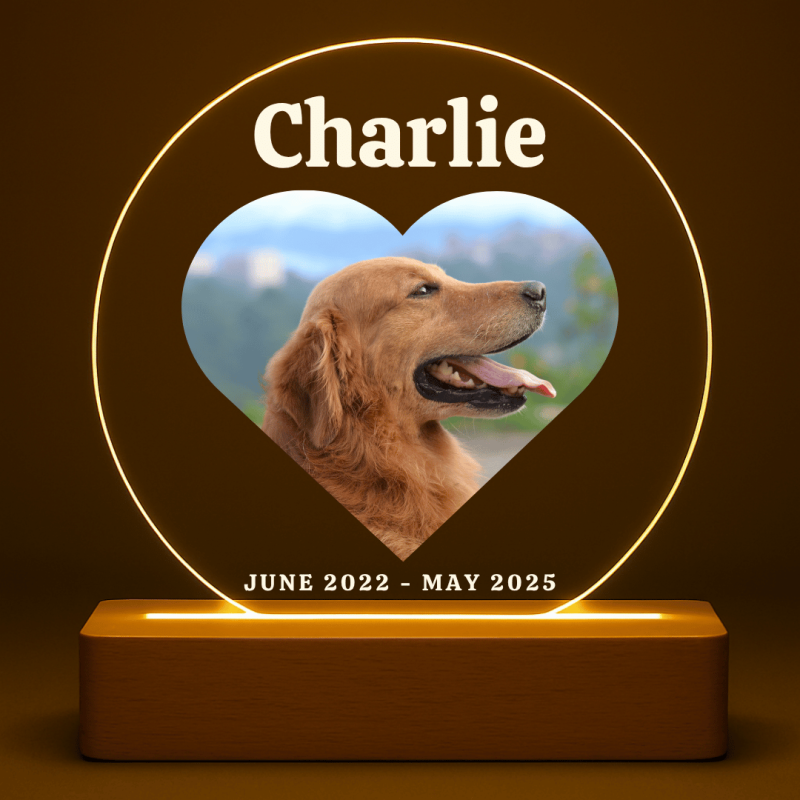 Personalised Dog Memorial Light with Heart Photo – Round LED Pet Tribute Lamp with Engraved Name & Dates on Acrylic Plaque