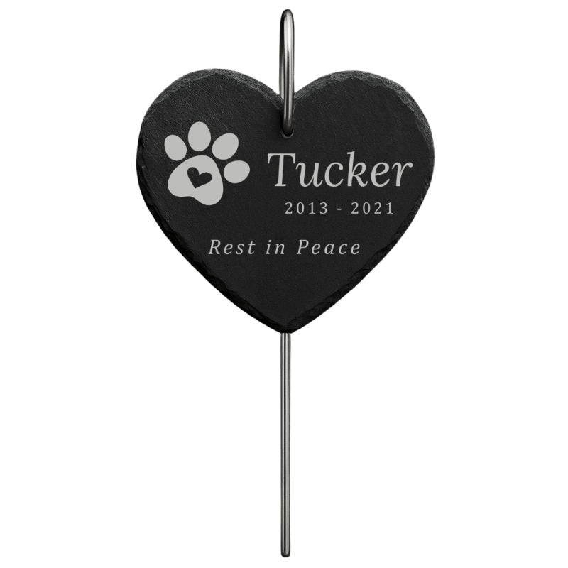 Personalised Heart Dog Grave Marker with Metal Hook Stake – Slate Pet Memorial Garden Plaque with Name, Dates & Tribute