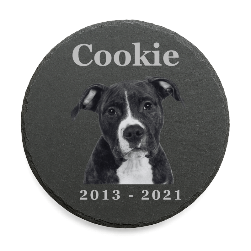 Personalised Round Dog Grave Marker with Photo – Slate Pet Memorial Garden Plaque with Name & Dates