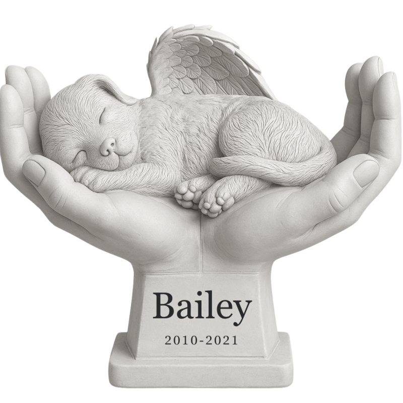 Personalised Dog Memorial Angel Statue in Hands – Weatherproof Resin Grave Marker for Garden Display with Name & Dates