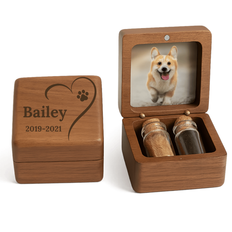 Personalised Wooden Dog Memorial Keepsake Box with 2 Glass Vials for Ashes & Fur Storage - Persnalised with Photo, Name, Dates &