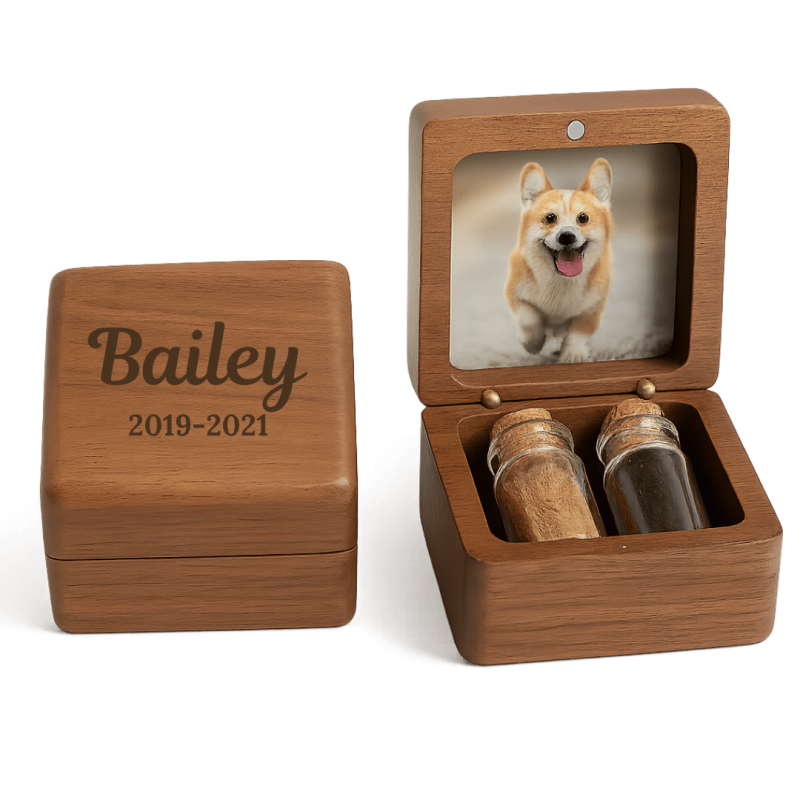 Personalised Wooden Dog Memorial Keepsake Box with 2 Glass Vials for Ashes & Fur Storage - Persnalised with Photo, Name & Dates