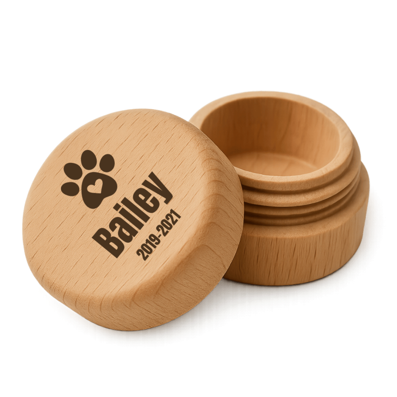Round Wooden Dog Memorial Keepsake for Ashes or Fur Storage - Engraved with Name, Dates & Paw Print Design
