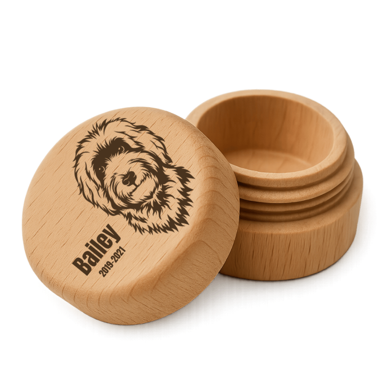 Picture-to-drawing Round Wooden Dog Memorial Keepsake for Ashes or Fur Storage - Engraved with Name & Dates