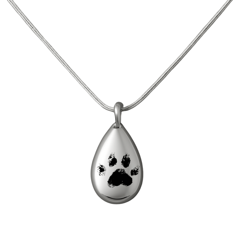 Personalised Dog Memorial Teardrop Urn Necklace – Engraved Pet Paw Print Ashes Keepsake