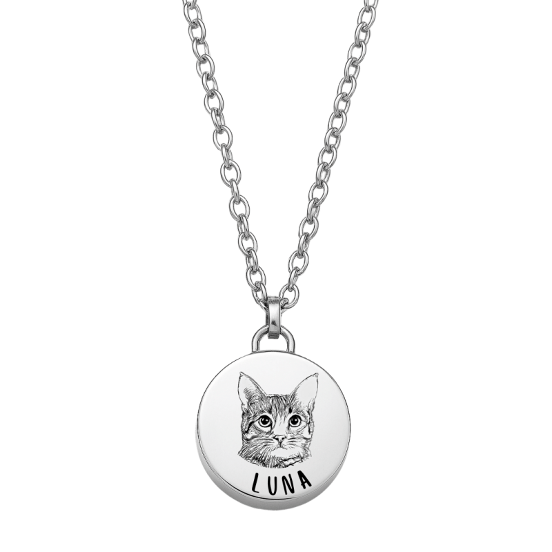 Personalised Dog Memorial Round Urn Necklace – Engraved Pet Picture-to-drawing Ashes Keepsake with Name