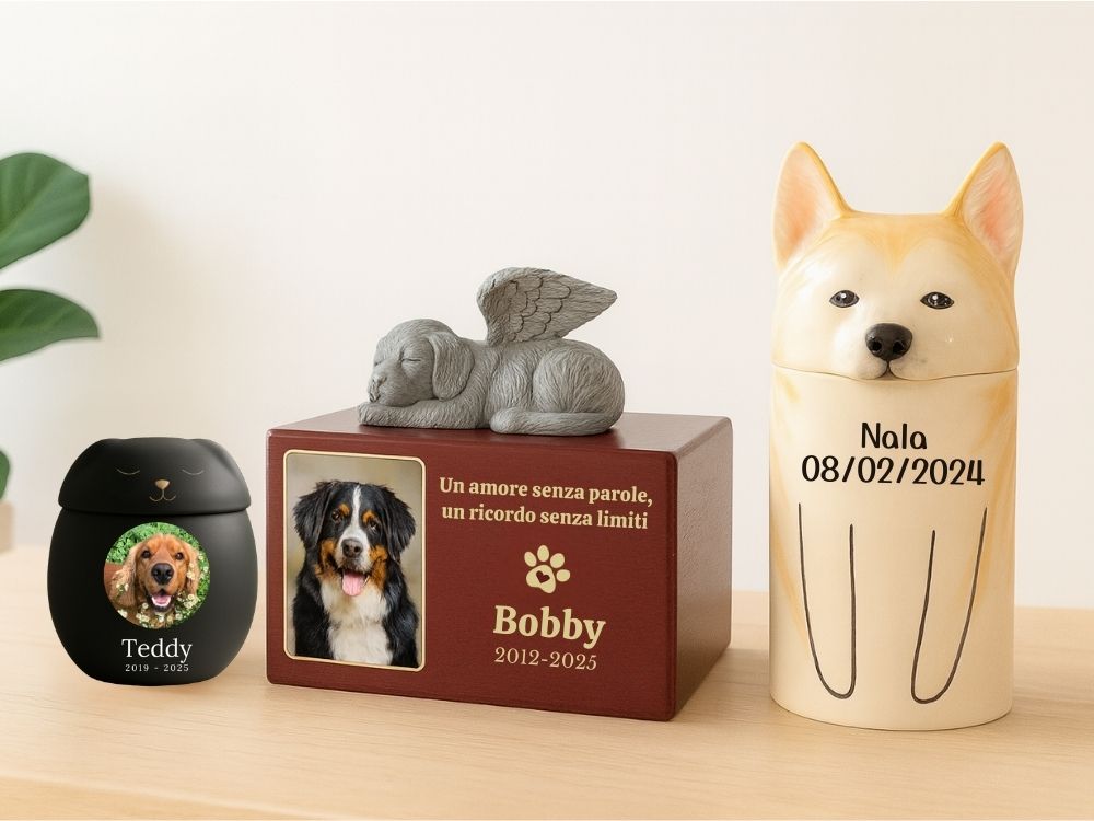 Tre urne per cani su un tavolo per Teddy, Tommy e Kobe, che mostrano diversi stili e dimensioni per ceneri e memoriali per animali domestici.