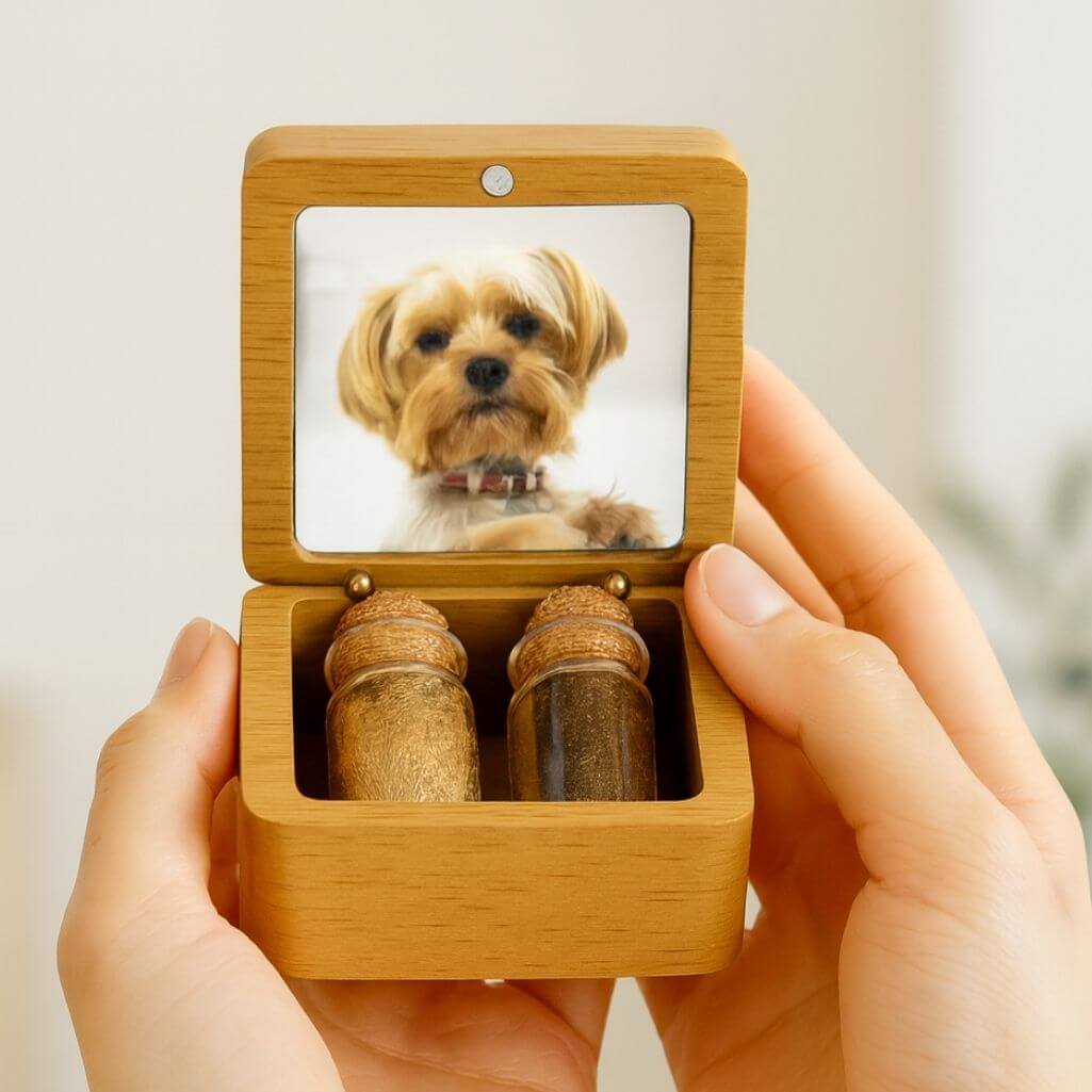 Box in Legno con 2 Fiale di Vetro per Ceneri e Pelo, Regalo Ricordo per Cane personalizzato con Foto, Nome, Date, Dedica