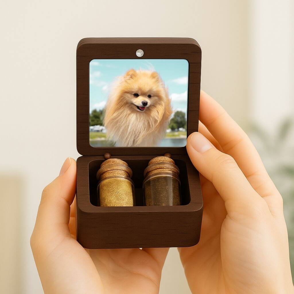 Box in Legno con 2 Fiale di Vetro per Ceneri e Pelo, Regalo Ricordo per Cane  personalizzato con Foto, Nome, Date