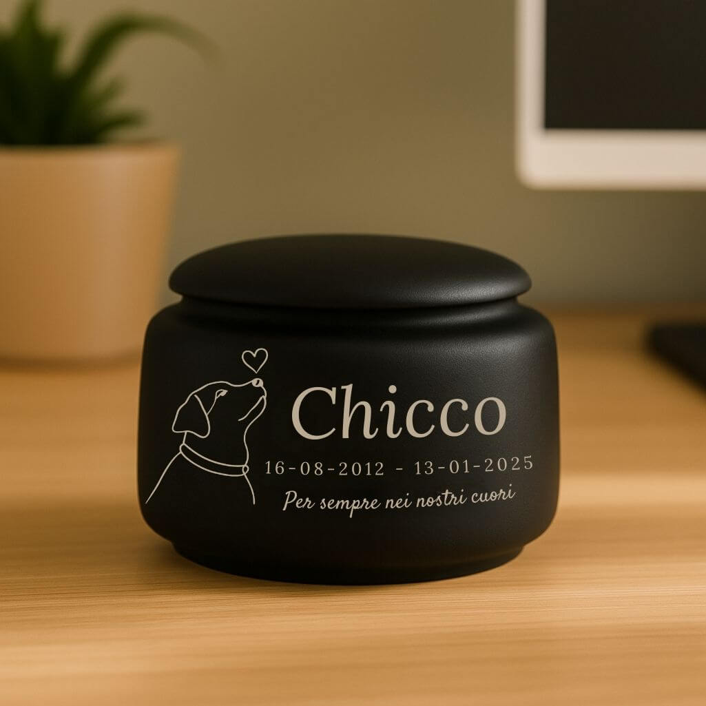 Urna per Cane Personalizzata in Ceramica – Contenitore per le Ceneri del Cane con Nome, Date, Motivo Minimalista Cane e Dedica