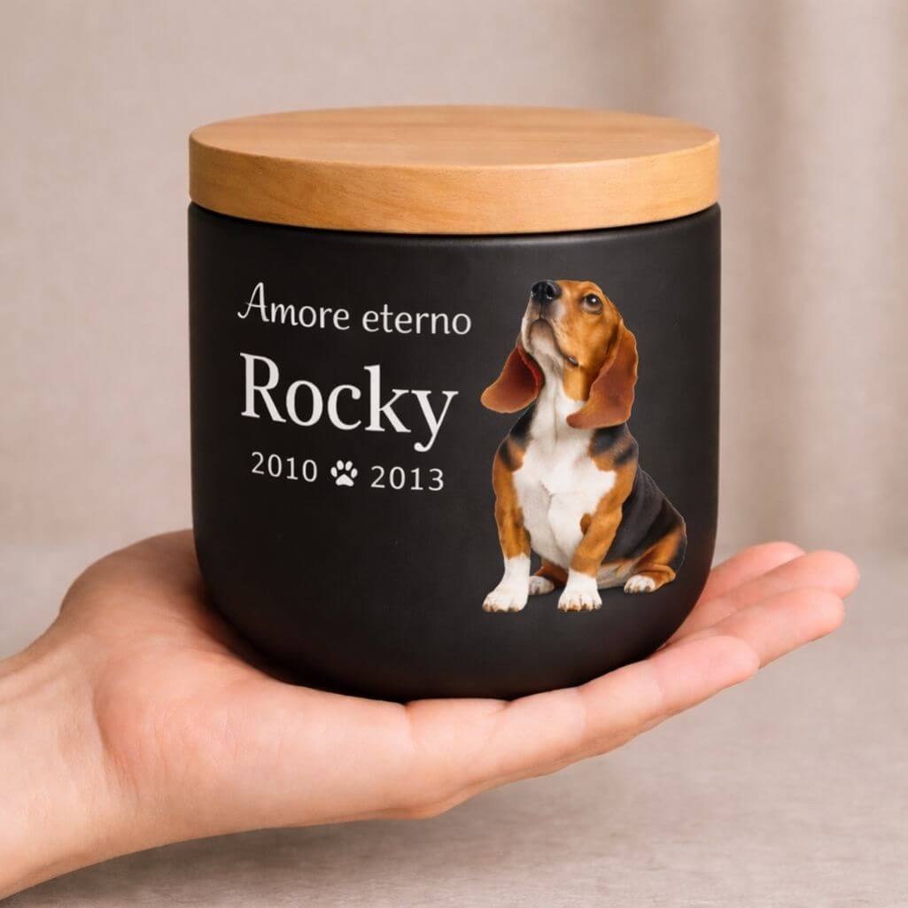 Urna per Cane Personalizzata in Ceramica – Contenitore per le Ceneri del Cane con Foto, Nome, Date e Dedica