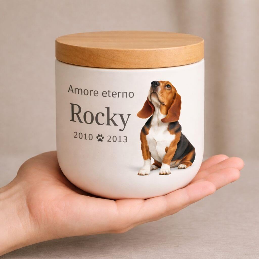 Urna per Cane Personalizzata in Ceramica – Contenitore per le Ceneri del Cane con Foto, Nome, Date e Dedica
