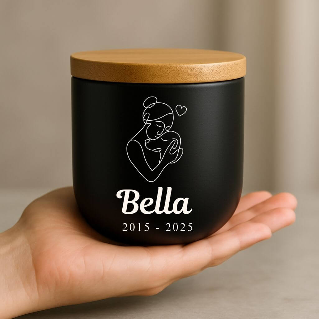 Urna per Cane Personalizzata in Ceramica – Contenitore per le Ceneri del Cane con Disegno Donna e Cane, con Nome e Date