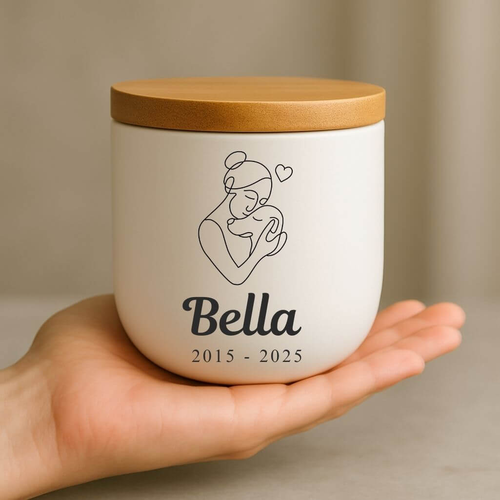 Urna per Cane Personalizzata in Ceramica – Contenitore per le Ceneri del Cane con Disegno Donna e Cane, con Nome e Date