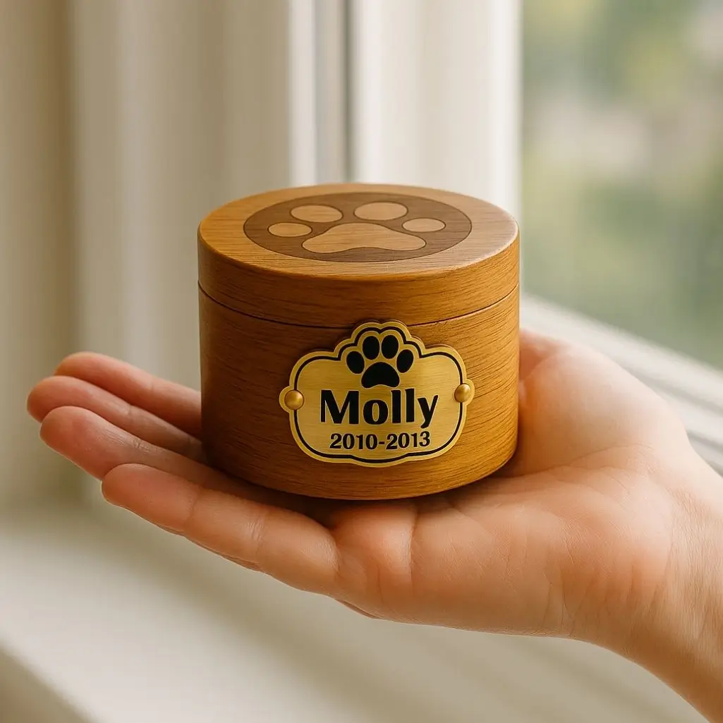 Piccola urna in legno per animale con impronta di zampa incisa e targhetta dorata con la scritta “Molly 2010–2013”, tenuta delicatamente in mano.