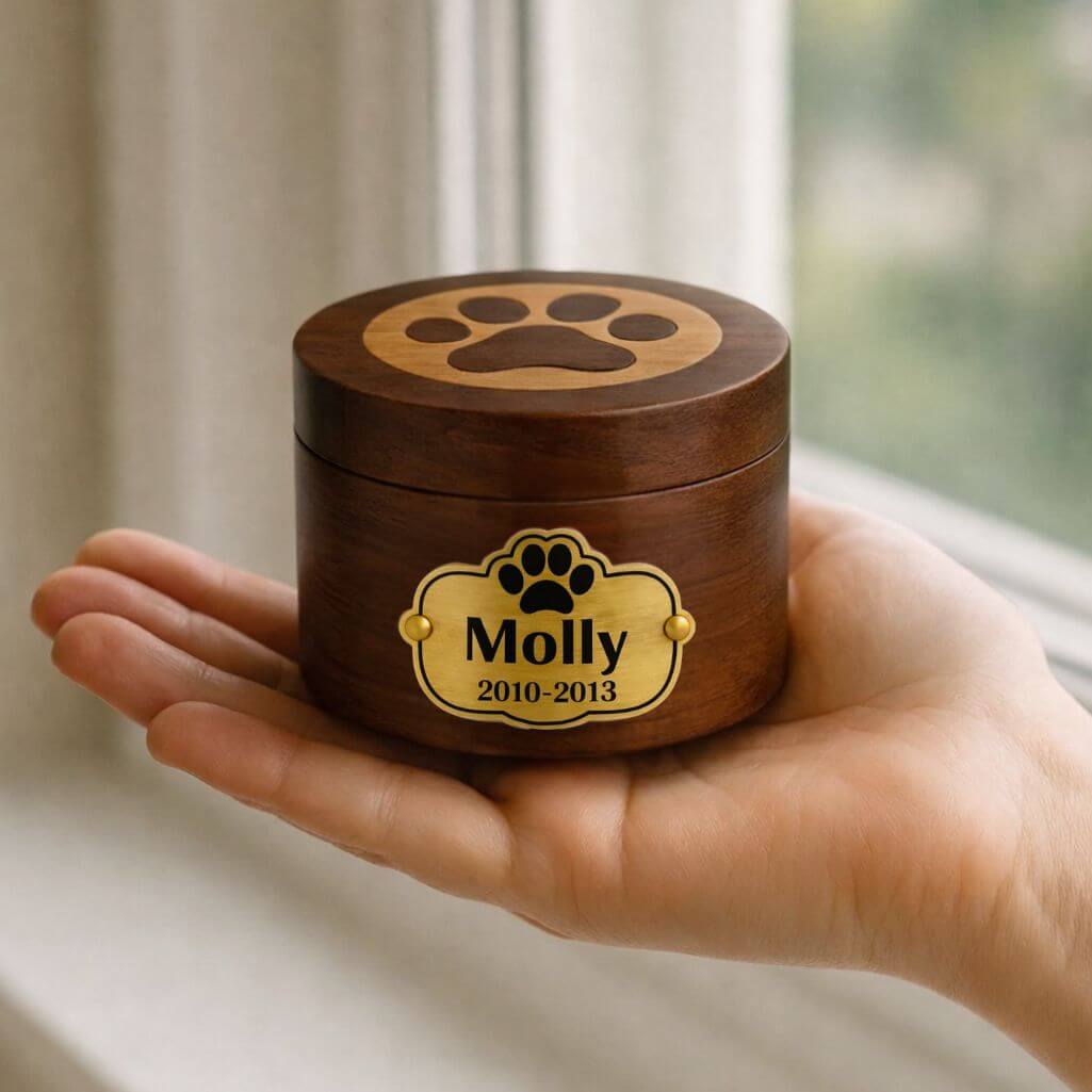 Urna per Cane Personalizzata in Legno – Contenitore per le Ceneri del Cane con Targa in Alluminio, Nome e Date Incisi