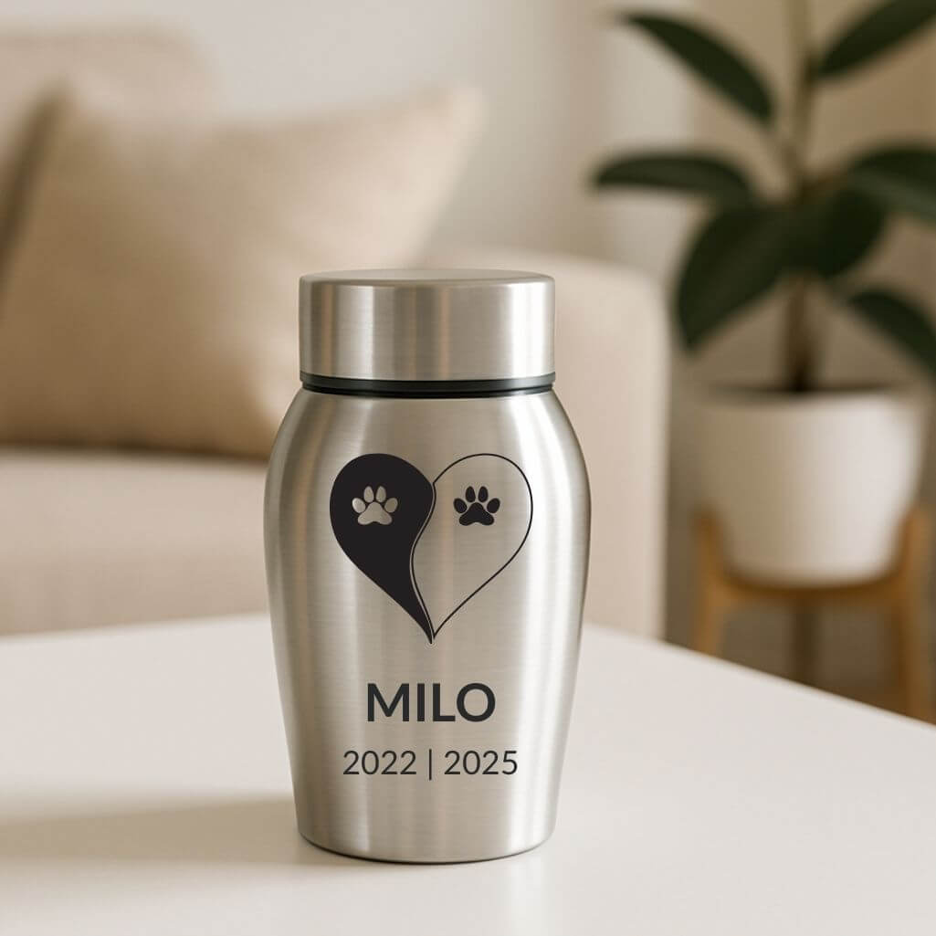 Urna per Cane Personalizzata in Acciaio Inox – Contenitore per le Ceneri del Cane con Nome, Date e Motivo Yin Yang
