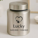 Urna per Cane Personalizzata in Acciaio, Contenitore per le Ceneri del Cane Cilindrico con Nome e Date, Motivo Cuore e Zampe