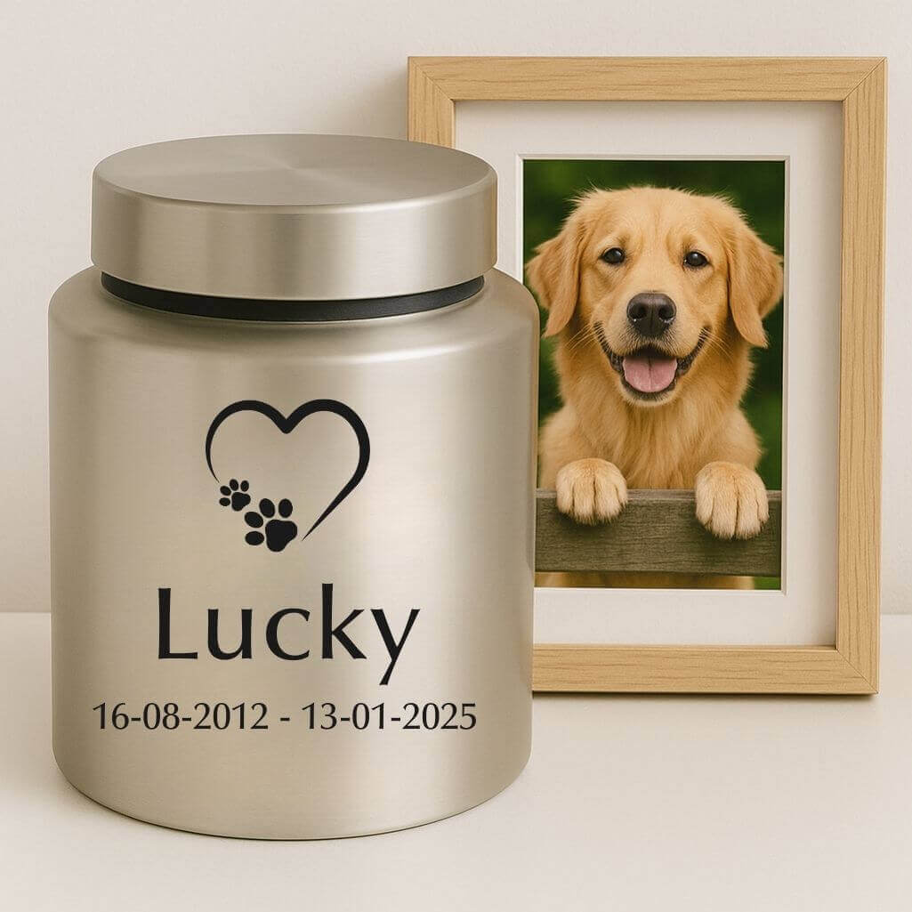 Urna per Cane Personalizzata in Acciaio, Contenitore per le Ceneri del Cane Cilindrico con Nome e Date, Motivo Cuore e Zampe