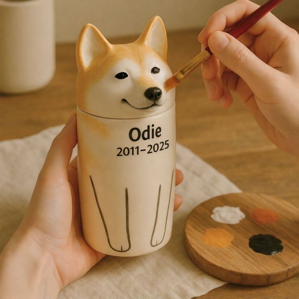 Urna per Cane Personalizzata in Ceramica Artigianale, Contenitore per le Ceneri del Cane per Razza con Ritratto a Occhi Aperti