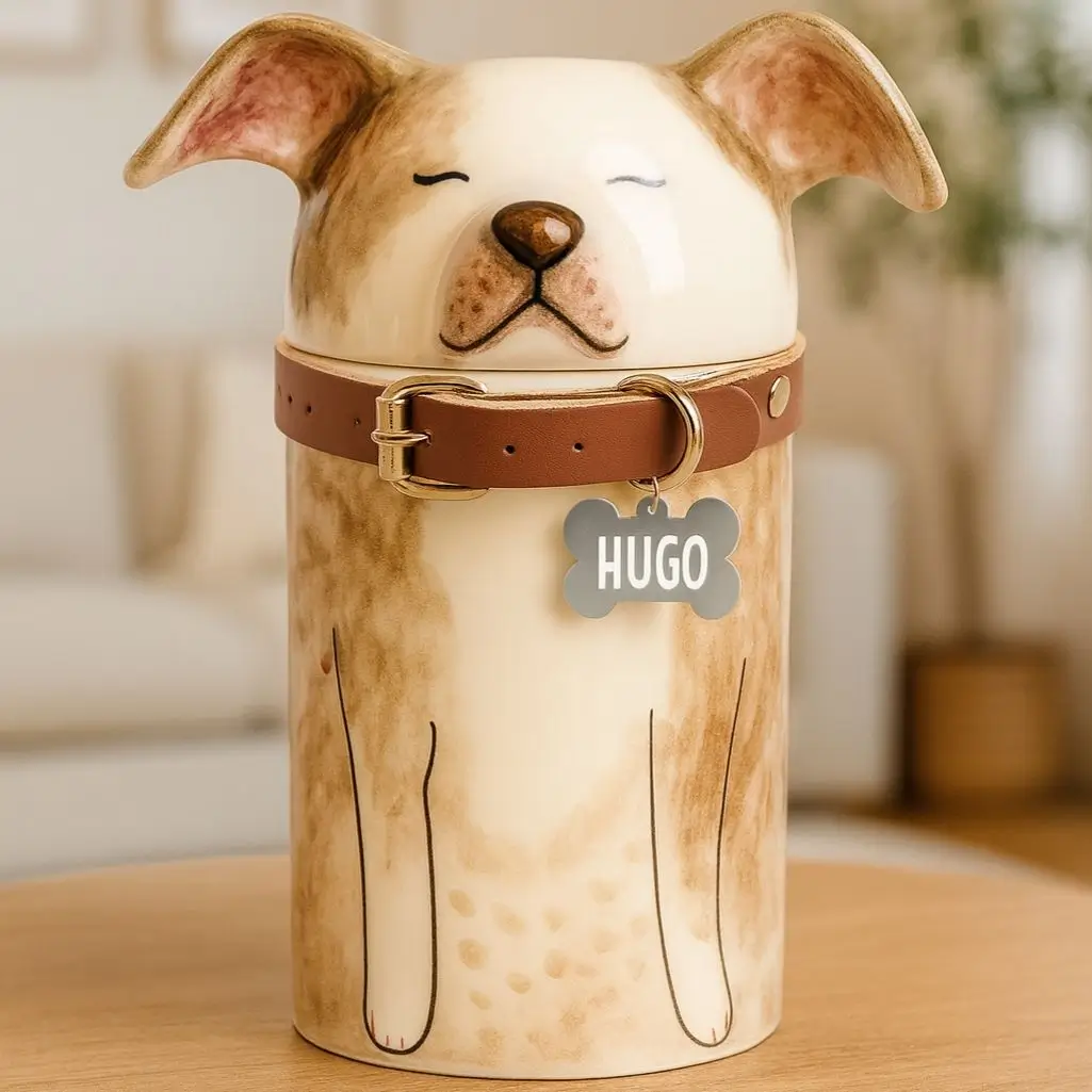 Urna in ceramica per cane a forma di cane marrone con collare in pelle e medaglietta a forma di osso incisa con il nome Hugo, su un tavolo in legno.