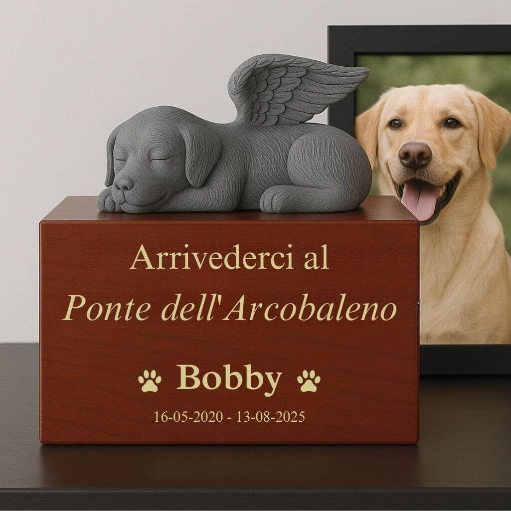Urna per Cane Personalizzata in Legno – Contenitore per le Ceneri del Cane con Statua di Angelo, con Nome, Date e Dedica