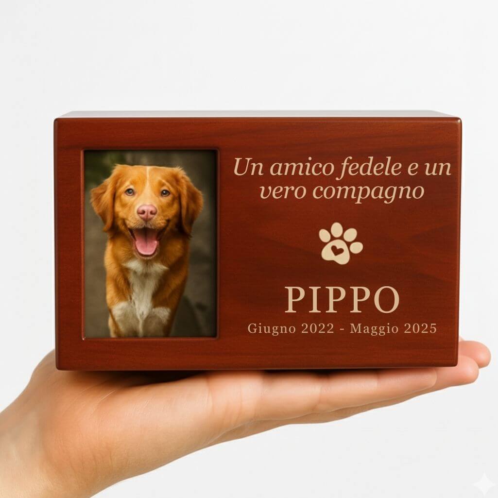 Urna per Cane Personalizzata in Legno con Foto – Contenitore per le Ceneri del Cane con Nome, Date e Dedica Incisi