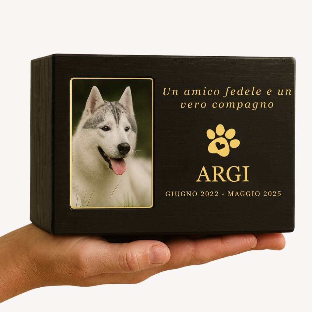 Urna per Cane Personalizzata in Legno Nero – Contenitore per le Ceneri del Cane con Foto, Nome, Date e Dedica