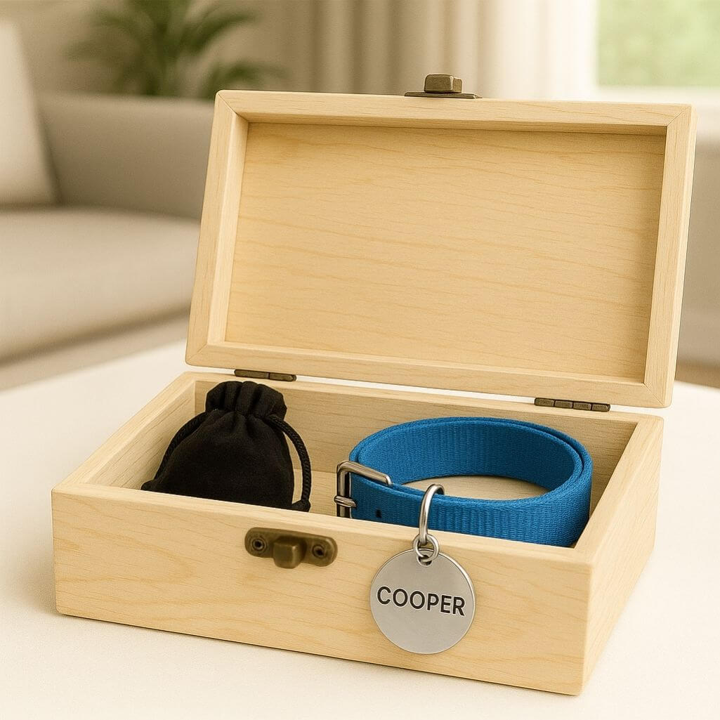 Urna per Cane Personalizzata in Legno Chiaro – Contenitore per le Ceneri del Cane con Foto, Dedica, Nome e Date