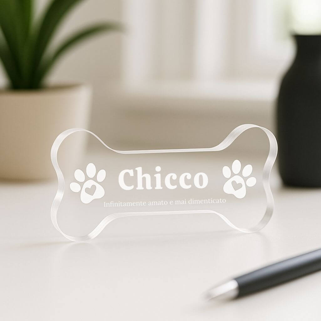 Regalo Ricordo per Cane Personalizzato – Targa in Acrilico, Design Osso, con Nome, Date e Dedica Incisi