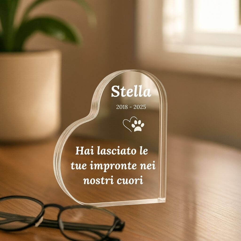 Regalo Ricordo per Cane Personalizzato – Targa in Acrilico, Design Cuore, con Nome, Date e Dedica Incisi