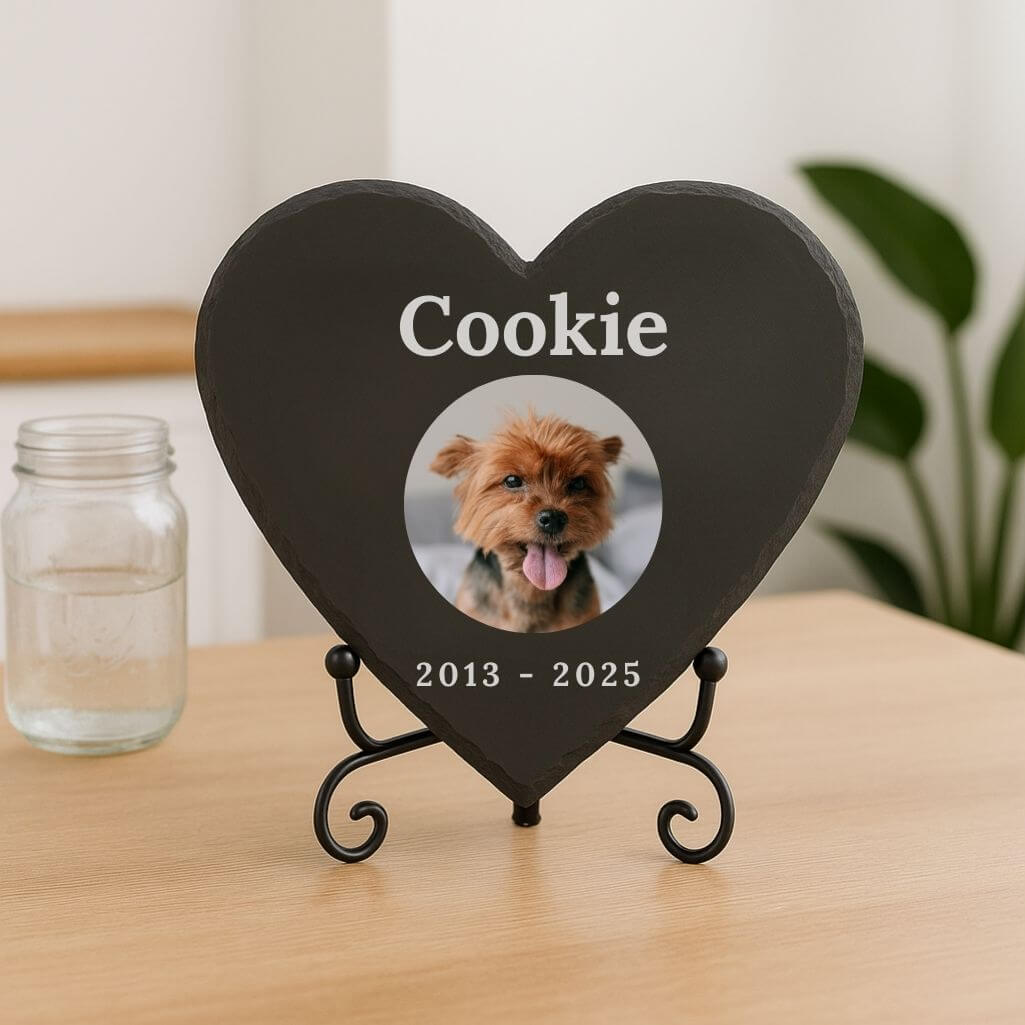 Targa Personalizzata a Forma di Cuore, Regalo Ricordo per Cane in Ardesia con Foto, Nome e Date Incisi