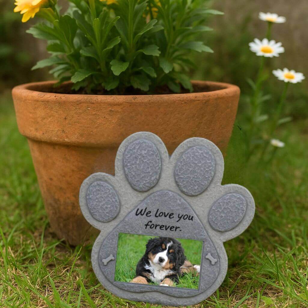 Pietra Commemorativa da Giardino con Foto, Motivo Zampa – Regalo Ricordo per Cane in Resina per Uso Esterno