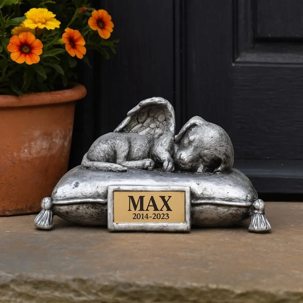Urna commemorativa argentata a forma di cane angelo addormentato su un cuscino con targhetta dorata con la scritta “Max 2014–2023”, vicino a un ingresso.